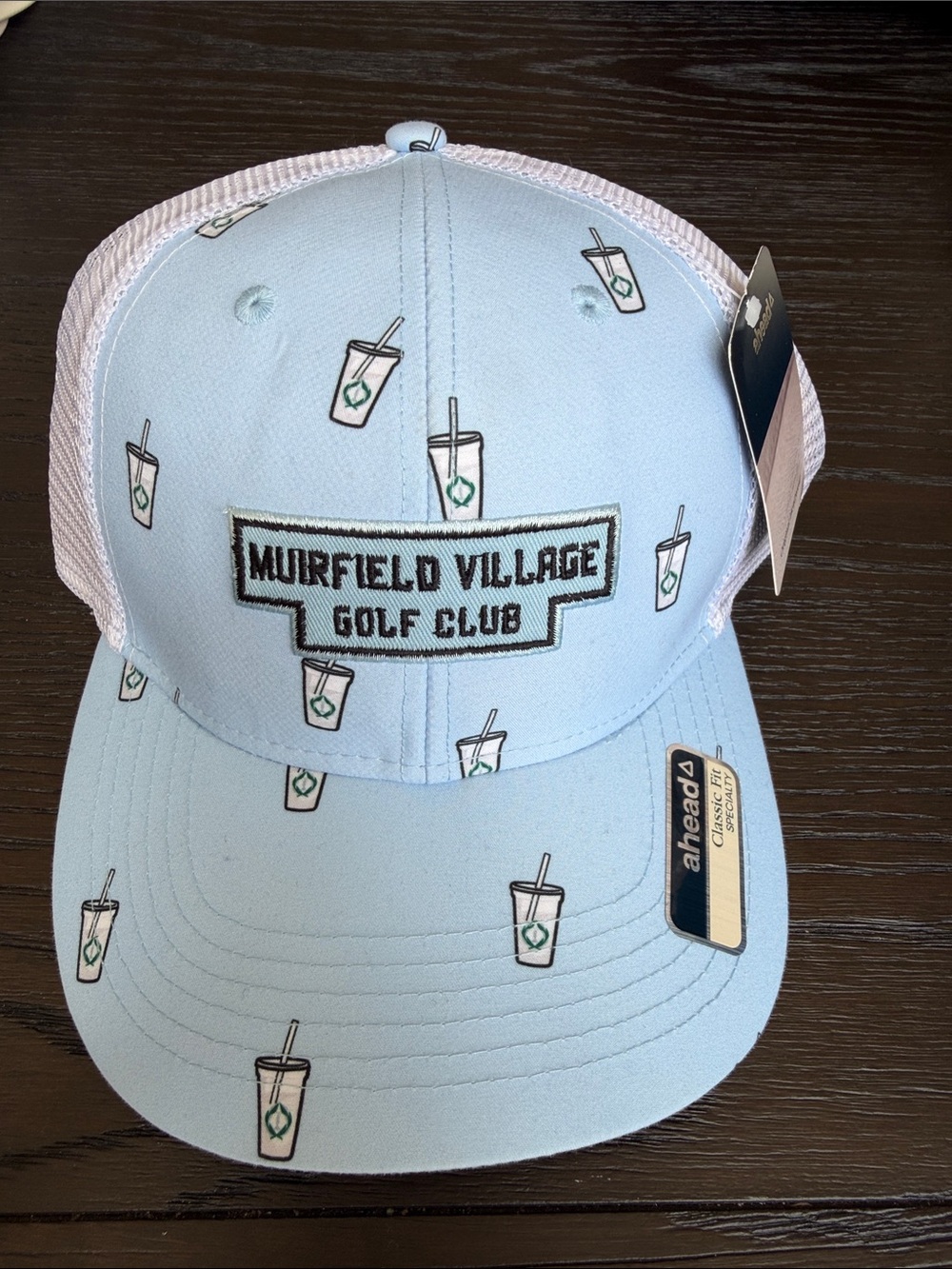 Head Light Blue Murfield Village Golf Club Trucker Hat with Drink Motif